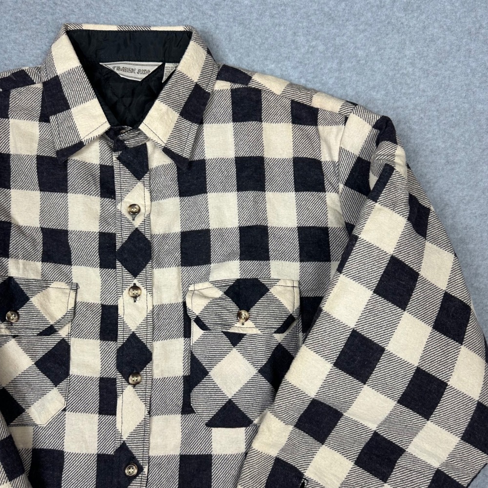 Vtg 90s Timber Run XL Quilted Lined Flannel Shacket Black Cream Buffalo‎ Plaid